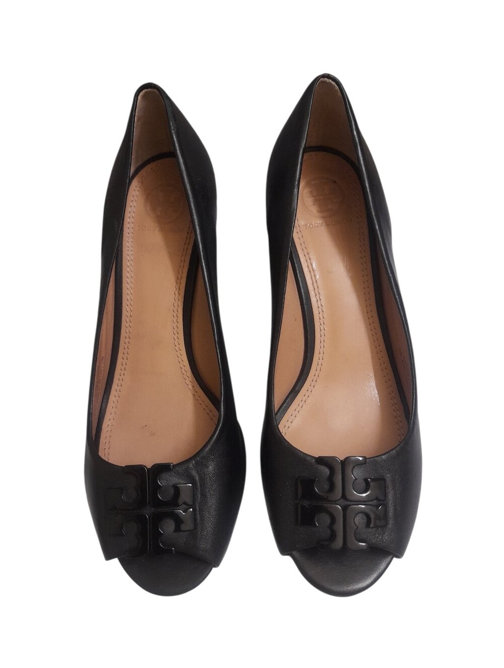 Tory Burch Black Leather Peep-Toe Logo Platforms